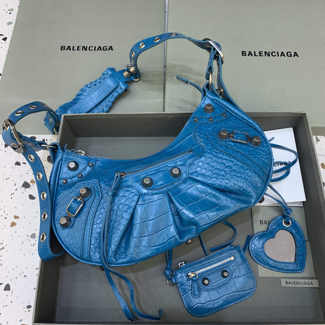 Balenciaga Le Cagole Small Shoulder Bag Crocodile Embossed Blue